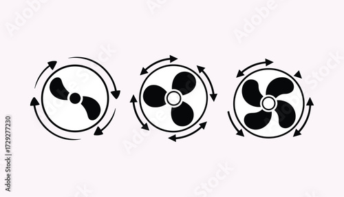 Three black fan icons with rotating arrows on a light pink background Keywords: fan, ventilation, air