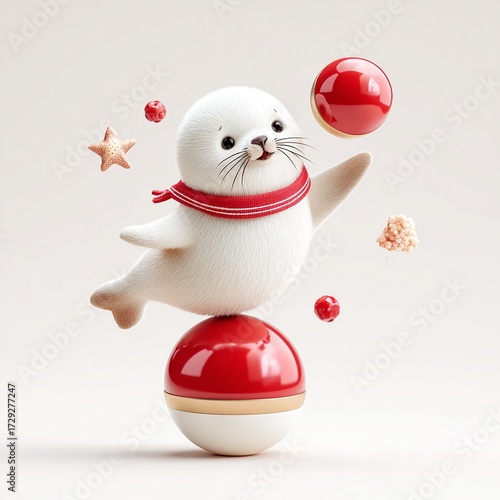 cute 3D sea animals for kids app 3d sea animals pack A playful seal balancing on colorful balls, creating a fun and whimsical scene suitable for children's themes and entertainment.