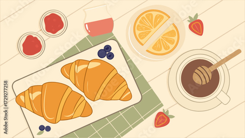 Delicious breakfast still life illustration with croissants coffee orange juice and fresh berries art