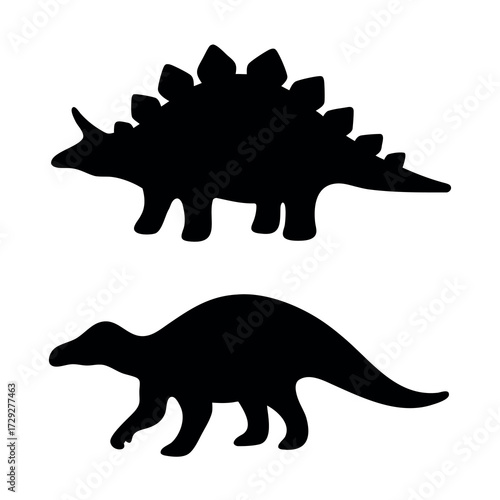 Two silhouetted dinosaur figures one stegosaurus and one other dinosaur