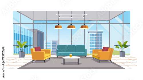 Modern office waiting area with sofa chairs and plants vector illustration design template stock