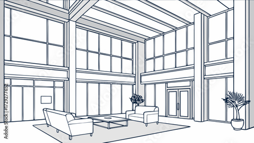 Illustration of modern office lobby interior design with sofas, windows, and plants line art style