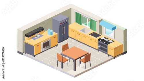 Isometric kitchen design interior decor kitchenware appliances furniture dining room setup concept