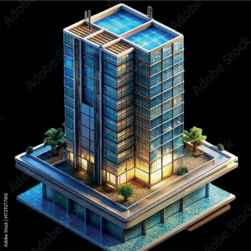 Modern Skyscraper: A striking modern skyscraper, a testament to architectural innovation, its glass facade reflecting the world around it. A harmonious blend of design and sustainability.