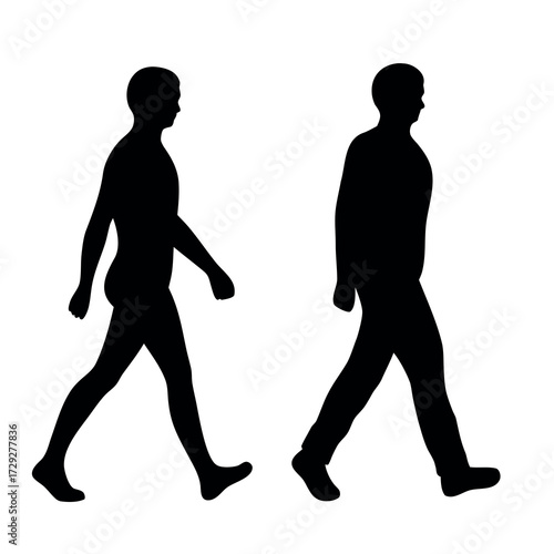 Two silhouettes of men walking in profile against a white background