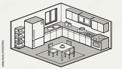 Isometric kitchen design layout illustration with dining table fridge and cabinets for interior decor
