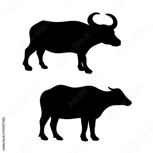Two black silhouettes of water buffaloes standing side by side on a white background