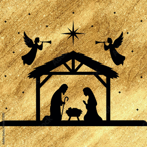 Vector elegant nativity scene  silhouette with Mary, Joseph, baby Jesus under the star of Bethlehem, surrounded by angels. For Christmas golden cards, decor, crafts, religious art