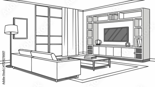 Modern living room interior design with sofa, tv, and bookshelf illustration vector drawing
