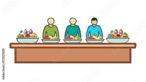 Illustration of buffet style dining with people eating healthy food from bowls on a long table