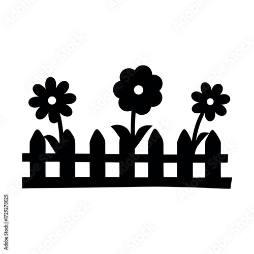 Simple silhouette of a picket fence with three blooming flowers in a garden