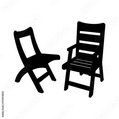 Two silhouetted wooden chairs one folding and one stationary against a white background