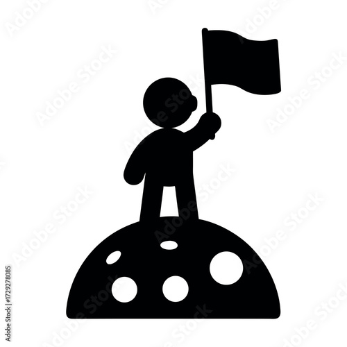 Silhouette of a small figure standing triumphantly on a circular mound holding a flag