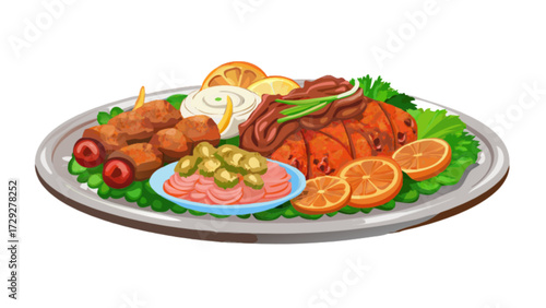Delicious food platter with grilled meat skewers and orange slices for restaurant menu design art