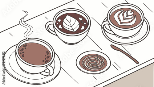 Delicious coffee art latte cappuccino espresso mocha hot chocolate drinks on table top view illustration