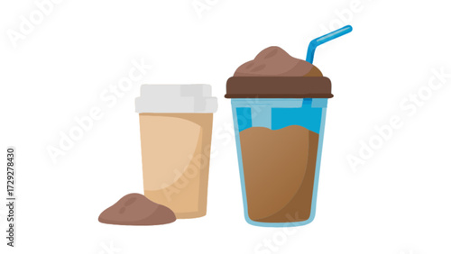 Iced coffee drink vector illustration with straw and whipped cream for cafe menu and food blog use