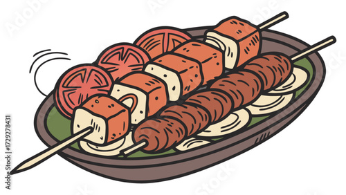 Grilled skewers with meat and vegetables illustration, food photography and recipe ideas for dinner party