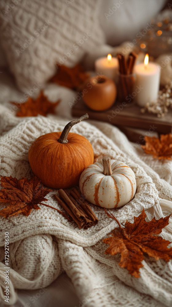 Fototapeta premium wo orange and white pumpkins on a cozy ivory knitted blanket