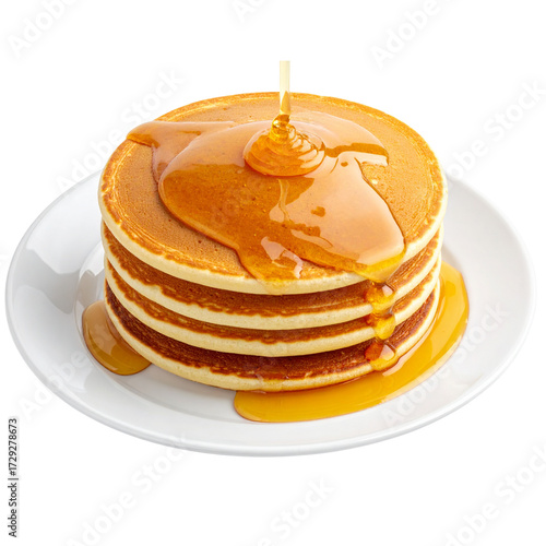 stack of pancake with honey syrup on the white plate on isolated transparent background By Ployker