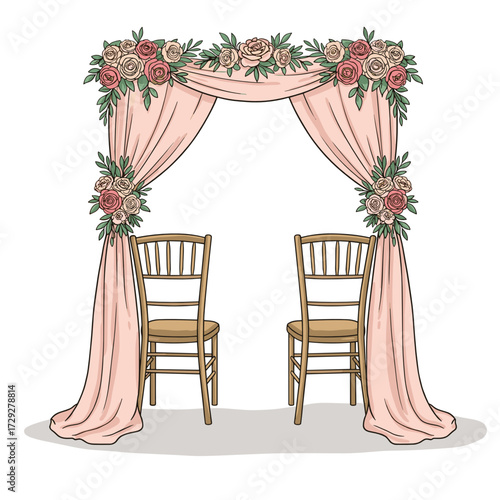 Elegant wedding arch with floral decor and two wooden chairs  