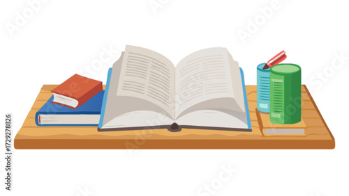 Illustration of open book on wooden shelf with books and pen holders for study and reading