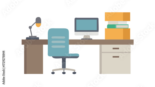 Office desk setup with computer chair lamp and books for work from home or study space concept