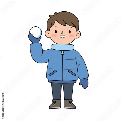 Happy boy holding a snowball while wearing winter clothing  