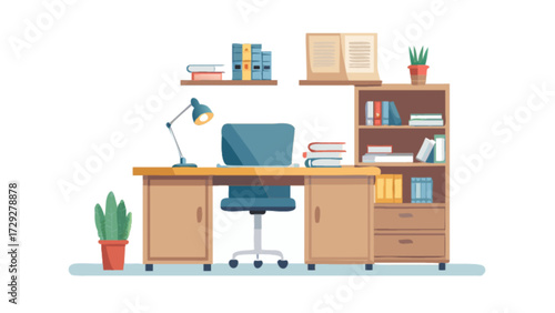Illustration of home office desk with chair lamp and bookshelf for study or work from home setup