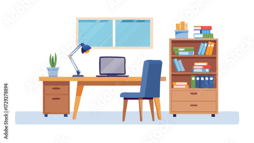Office desk setup illustration with computer chair lamp and bookshelf for workspace design ideas