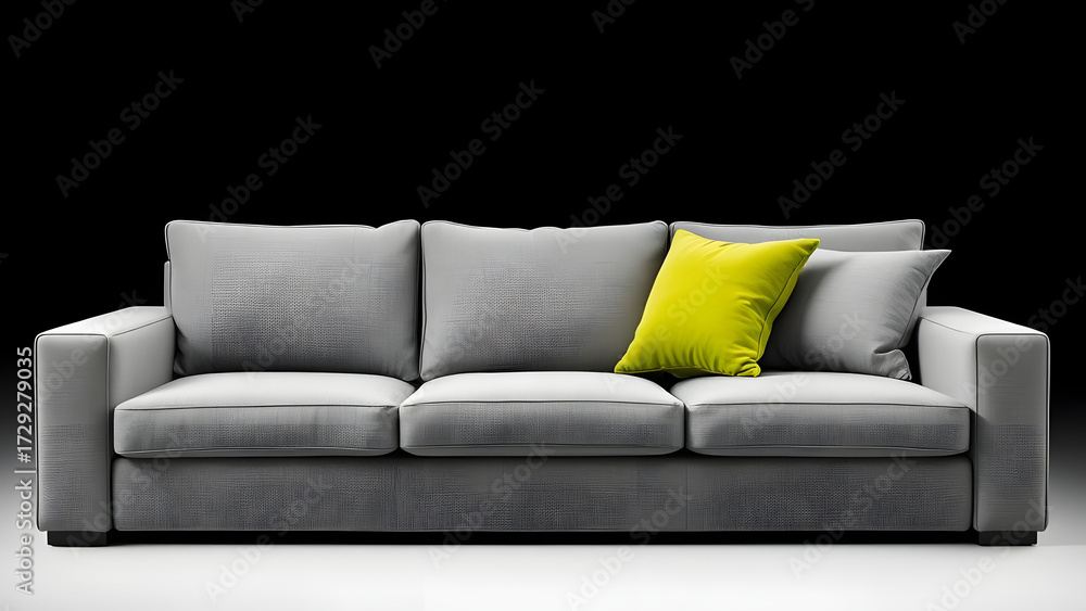 Fototapeta premium Modern gray sofa with a bright yellow cushion in studio setting Generative AI