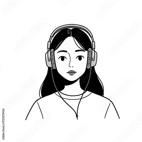 Young woman wearing headphones and listening to music in minimal style  