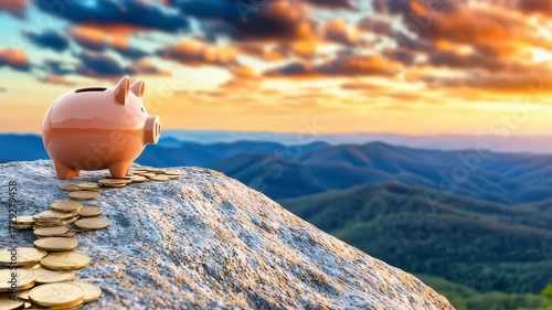 Piggy bank on mountain symbolizing retirement investment journey