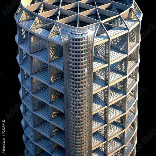 Architectural Modernism: A striking portrayal of innovative architectural design, featuring a geometrically intricate and futuristic building structure set against a dramatic dark background.