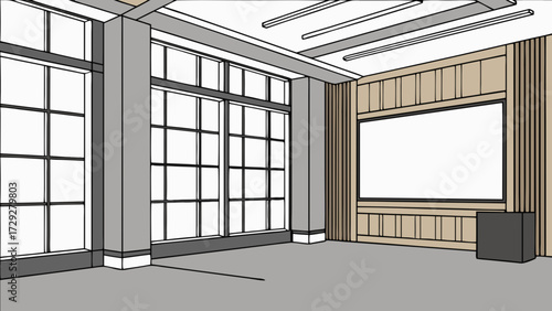 Interior design rendering of a modern conference room with large windows and presentation screen