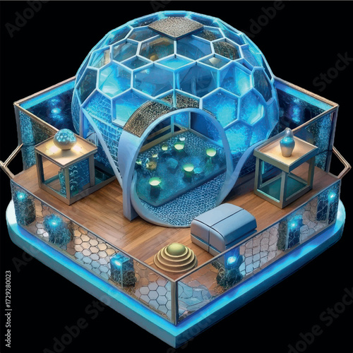 Futuristic Crystal Dome: A breathtaking view of an futuristic architectural interior featuring a giant glass dome and a geometric composition that emits a bright light.
