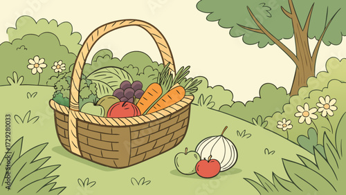 Illustration of fresh harvest basket with organic vegetables and fruits in a garden setting scene