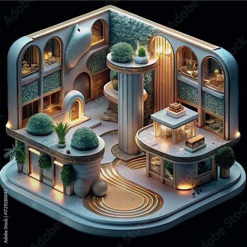 Architectural Interior Design: An artistic rendering showcases an intricately designed interior space, featuring stylish architecture and an immersive aesthetic.