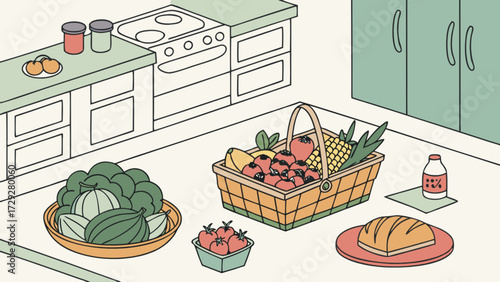 Illustration of kitchen interior with fresh fruits vegetables bread and milk for healthy eating concept