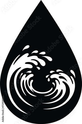 Abstract black drop silhouette with crashing wave inside vector