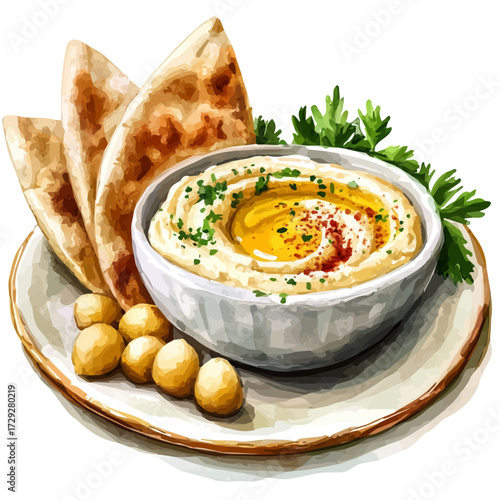 watercolor of Hummus And Pita Platter, vector, isolated on a white background.