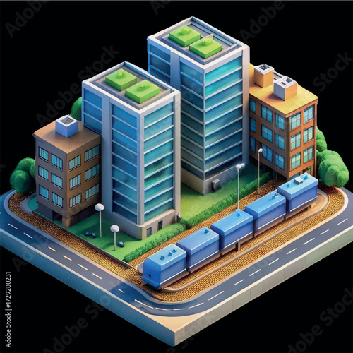 Urban Harmony: A vibrant cityscape with modern skyscrapers, a train navigating its tracks, and a network of roads, all intricately woven together in an isometric view.