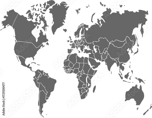 Gray world map continents countries vector
