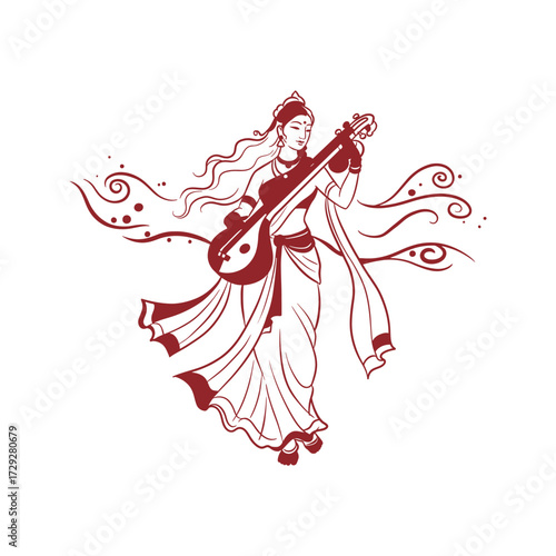 Elegant indian goddess saraswati playing the veena with flowing hair and traditional attire in a graceful pose