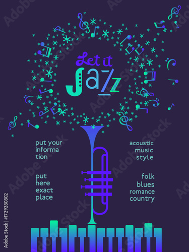 Winter Season Holidays Live Music event vector poster template. Piano, trumpet silhouette, snowflake cartoon illustration. Christmas Jazz Night Tunes Festive Music performance, celebration background