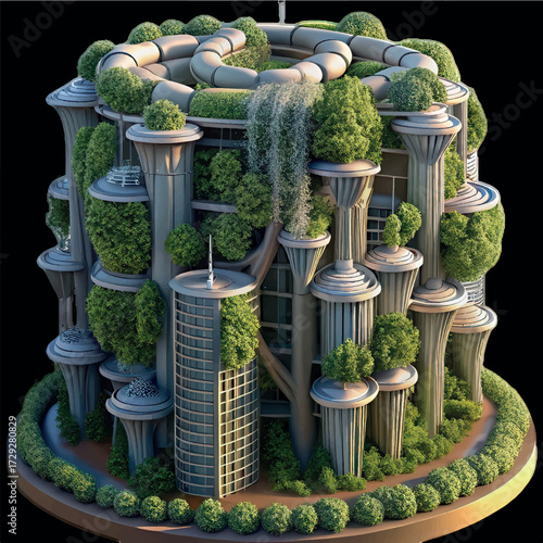 Green Architecture: A visionary concept showcases an eco-friendly urban landscape, where architecture blends seamlessly with nature. The photograph illustrates the harmonious co-existence. 