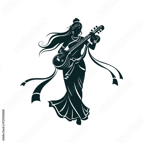 Elegant indian goddess saraswati playing veena musical instrument with flowing hair and ornate sari