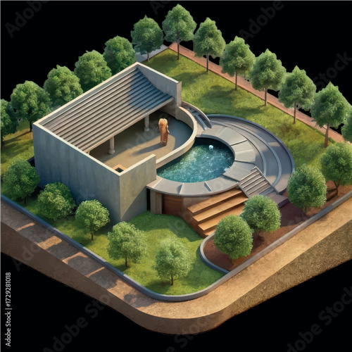 Modern Sanctuary: An isometric illustration reveals a sleek, contemporary dwelling, a testament to modern design and serene living, embraced by a curated landscape. 