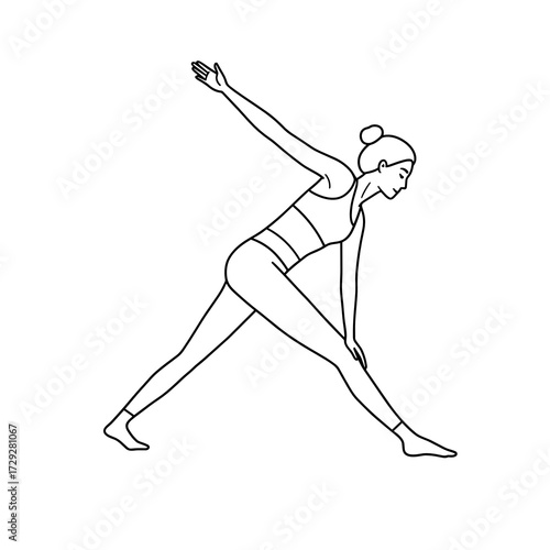 Woman stretching in yoga pose with focused expression  