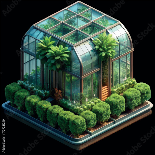 Botanical Sanctuary: A stunning, modern glass greenhouse brimming with diverse plant life. This image depicts the harmony of nature and architecture.
