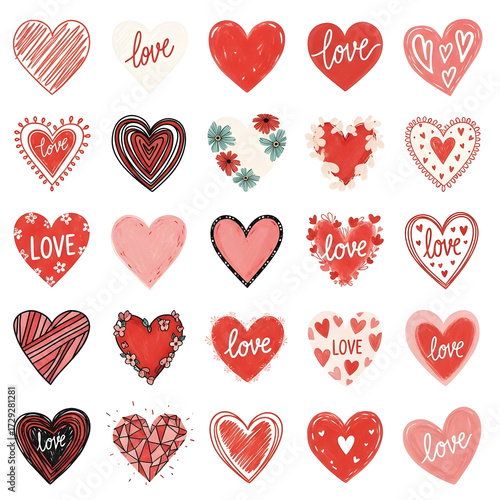 Red hearts set vector illustration romantic love symbols pattern design for Valentine wedding card